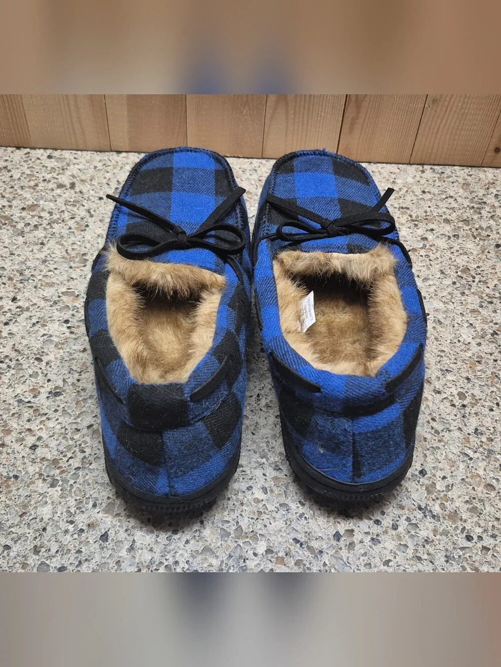 ​Norty Youth Boys Slipper Moccasins Sz 4 Blue Black Buffalo Plaid Faux Fur Lined